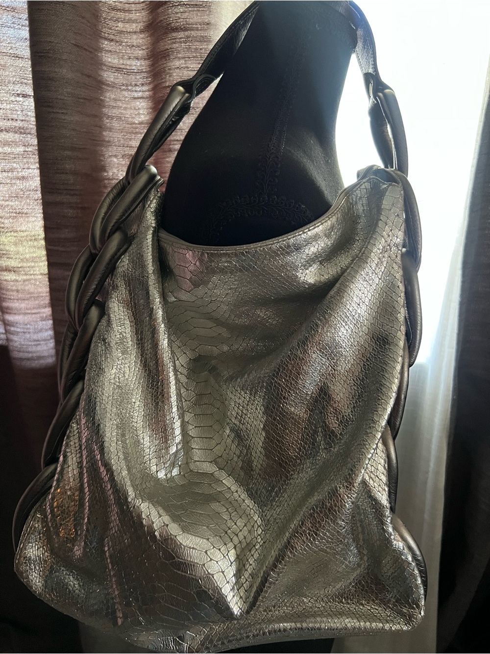 Snake-Embossed Metallic Hobo Bag in Pewter